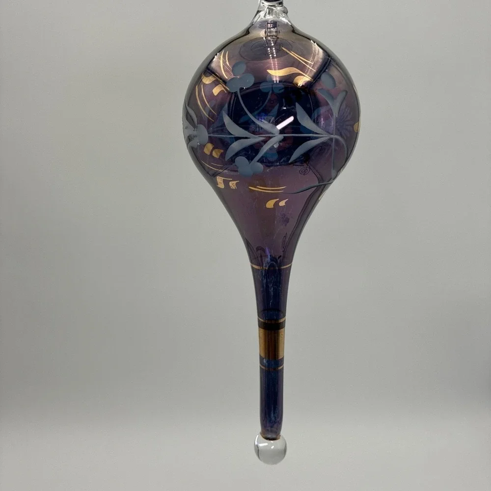 Vintage Purple Iridescent Hand Blown Glass Teardrop Ornament Gold Floral 8.5